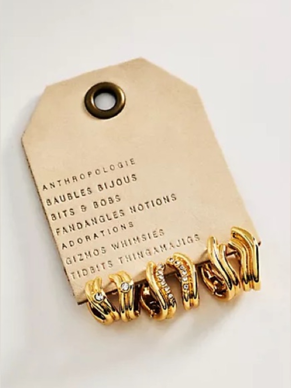Anthropologie Gold-Tone Curved Crystal Accent Ring Set